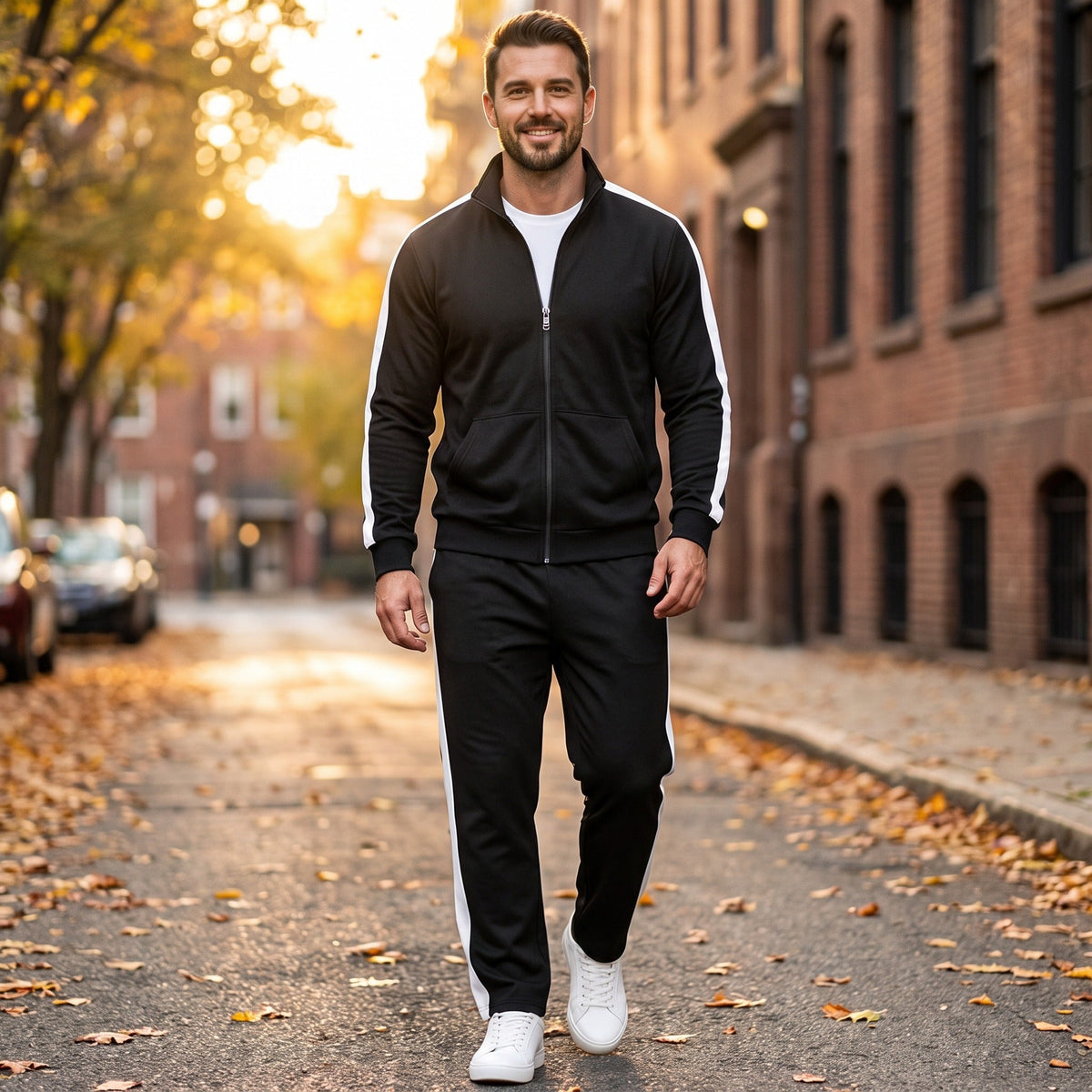 Man draagt zwart trainingspak met witte contraststreep op straat | Boutique Moda