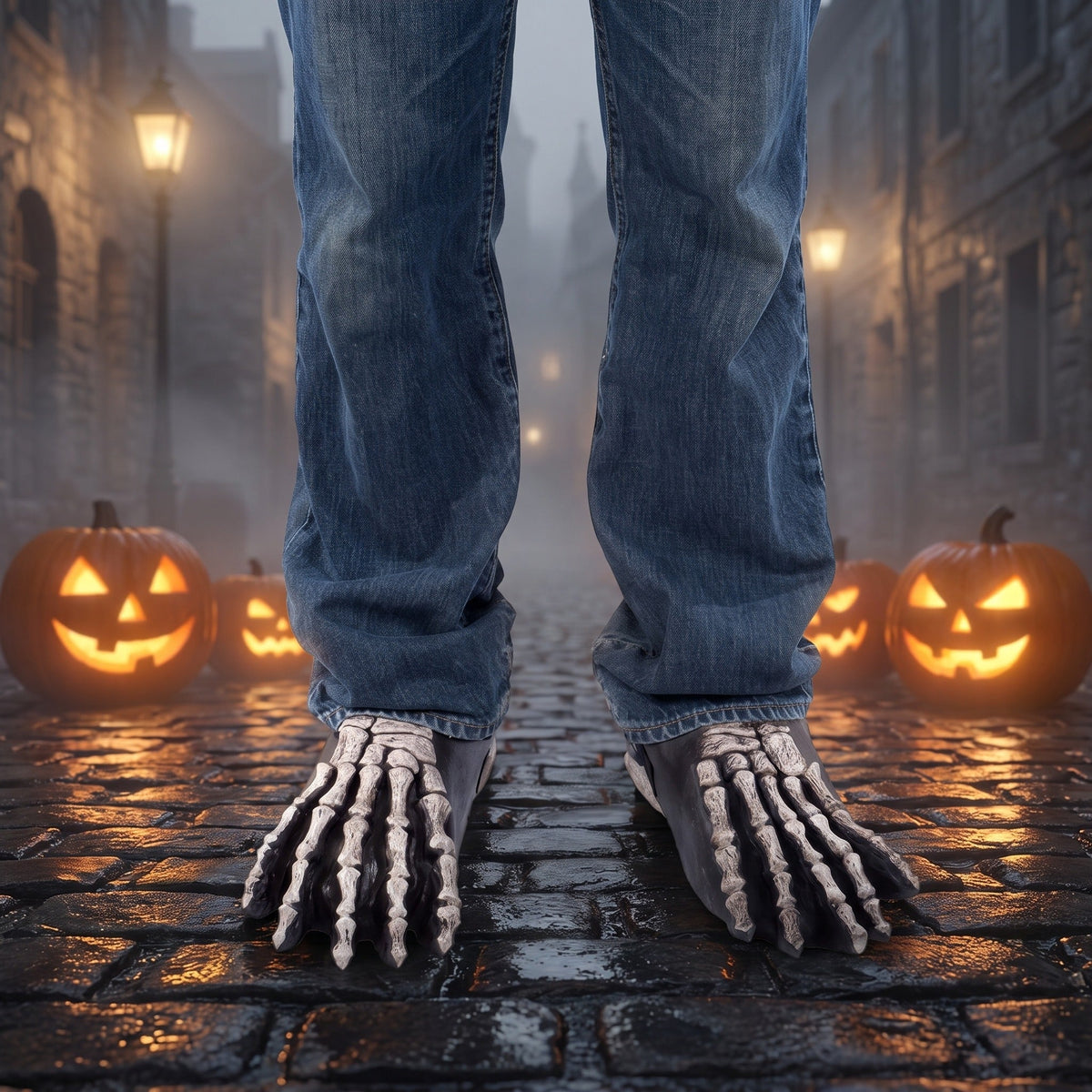Grijze skeletvoeten schoenhoezen gedragen over spijkerbroek tussen Halloween pompoenen op straat | Boutique Moda