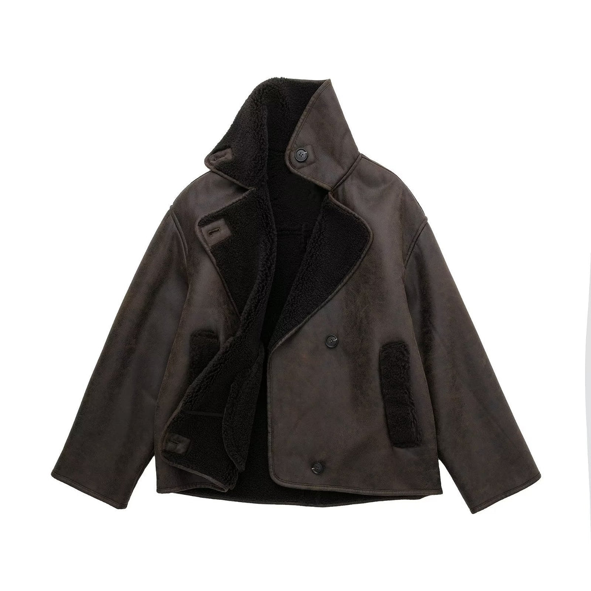 Bruine oversized lammy coat met teddyvoering, uitgestald op onzichtbare mannequin | Boutique Moda