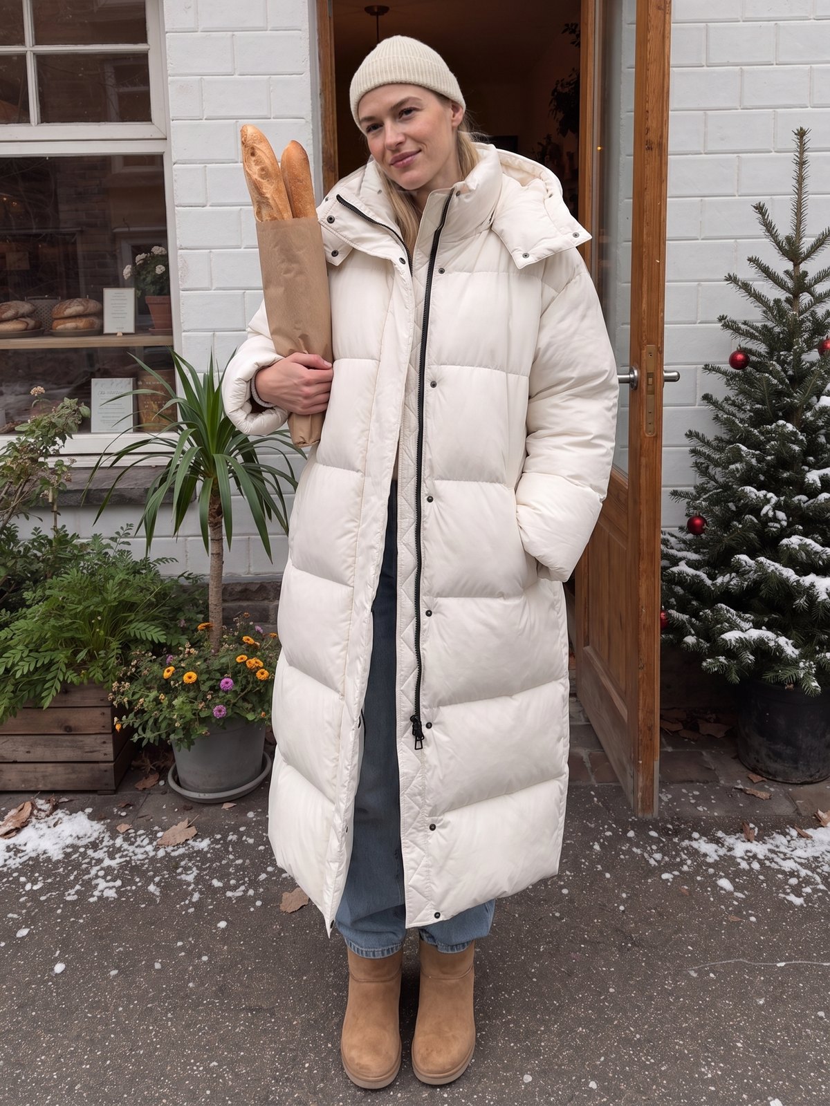 Crème lange pufferjas met hoge kraag en capuchon, voorkant