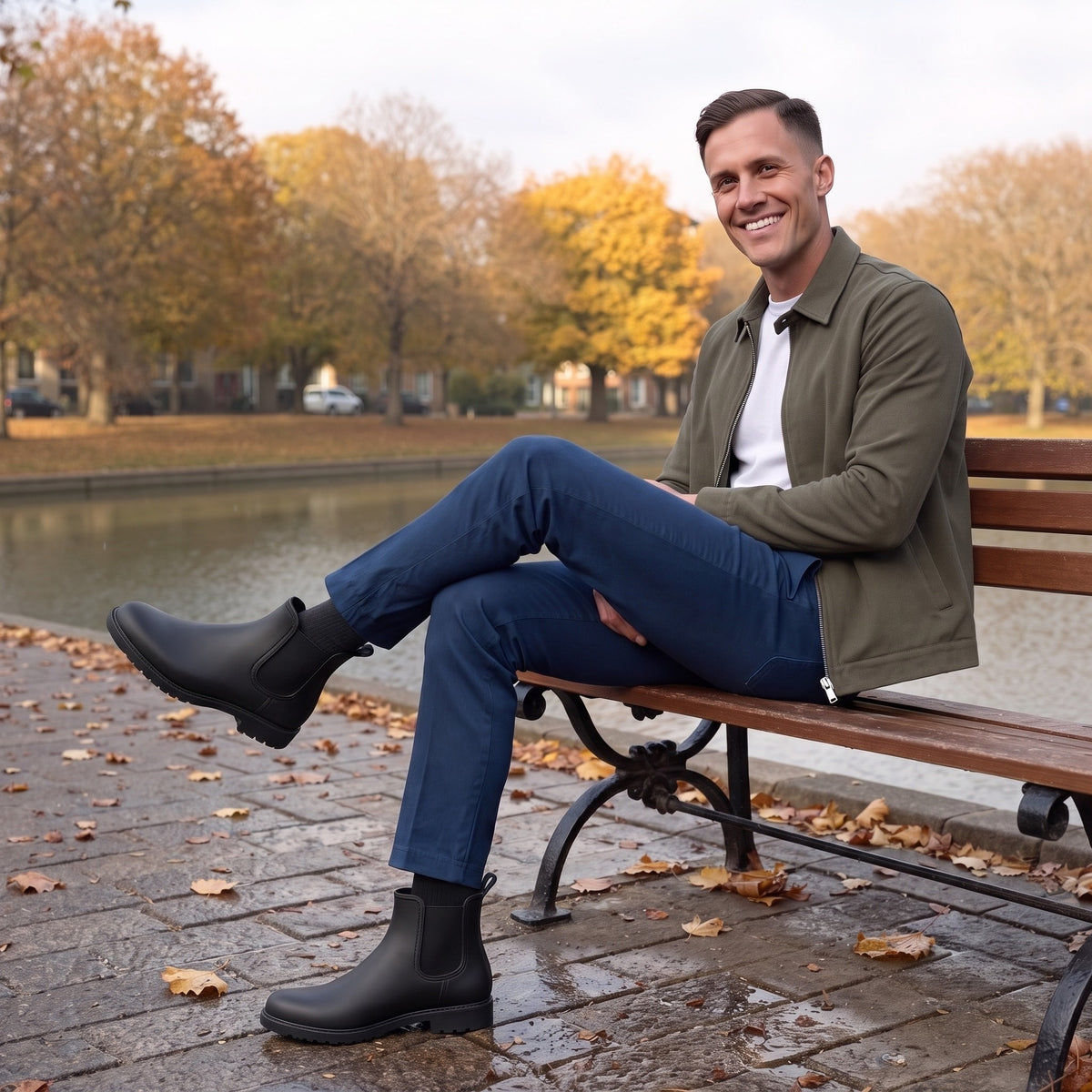 Man zit op een bankje aan het water en draagt zwarte Chelsea-regenlaarzen