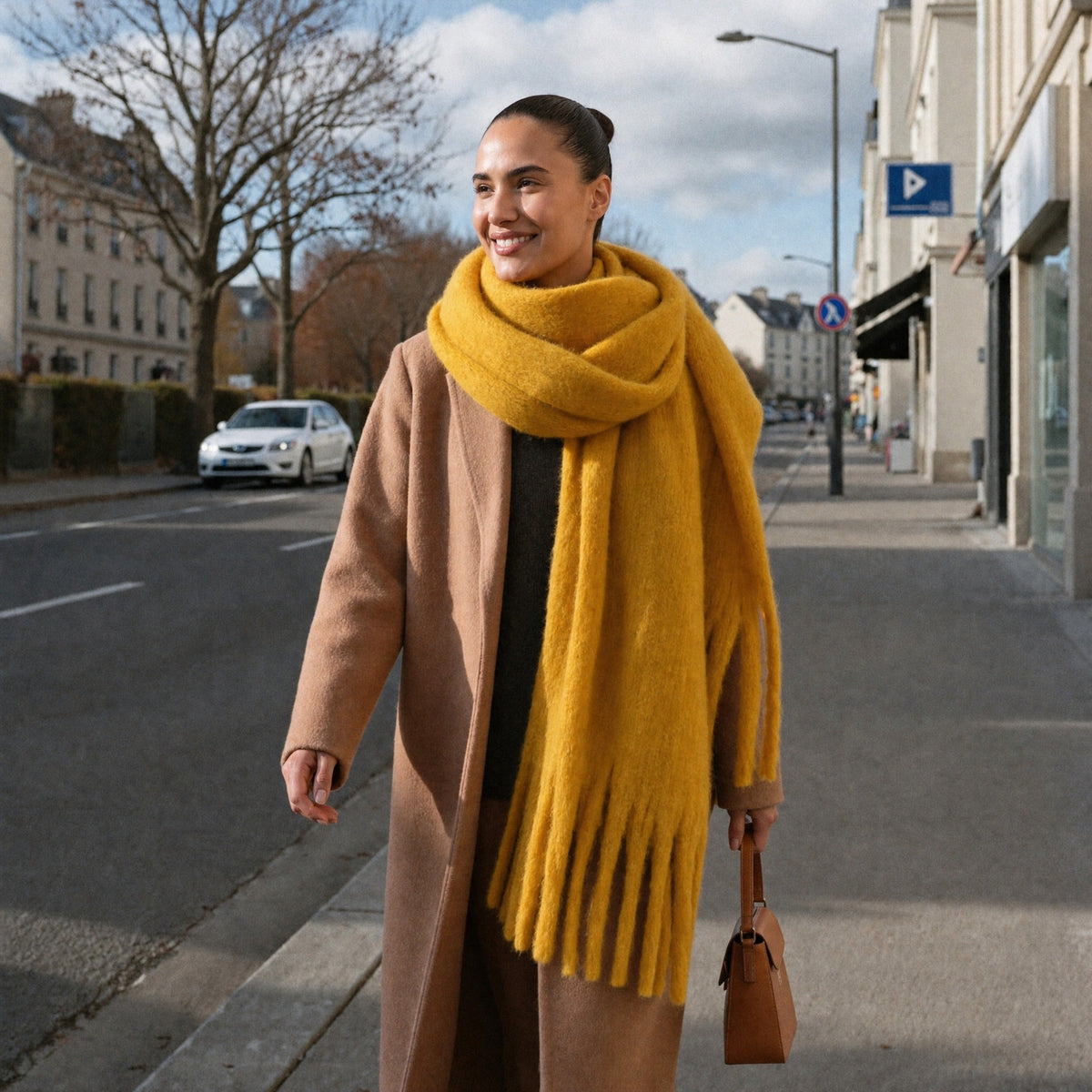 Vrouw draagt gele sjaal met franjes over beige winterjas buiten | Boutique Moda