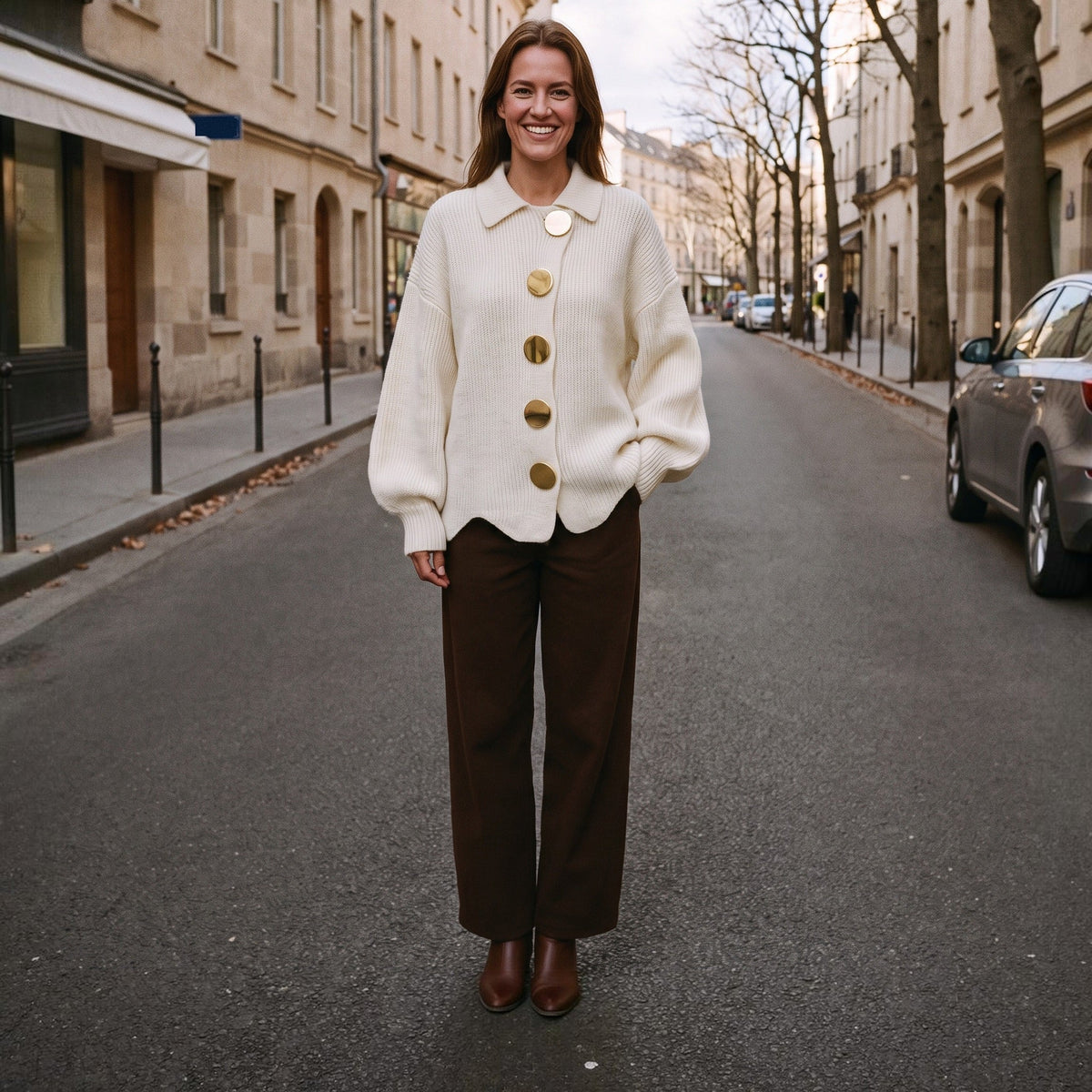 Vrouw draagt crèmekleurig oversized vest met gouden knopen op straat | Boutique Moda
