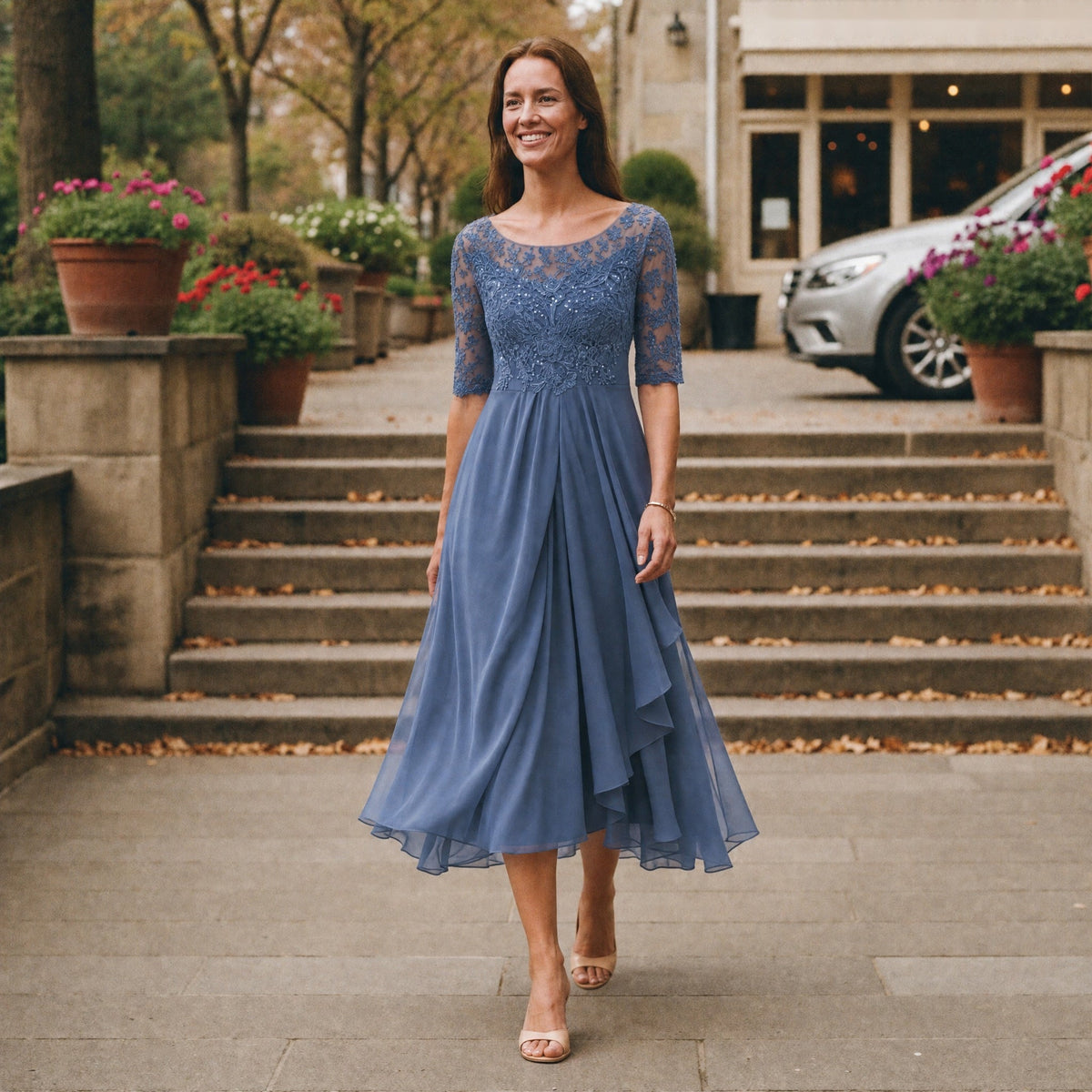 Midi Jurk Dames met Kanten Lijfje | Gedrapeerd | Blauw