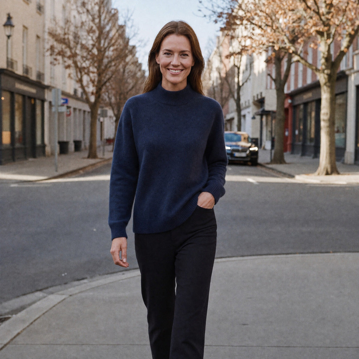 Donkerblauwe gebreide trui met opstaande kraag, gedragen door vrouw op straat | Boutique Moda