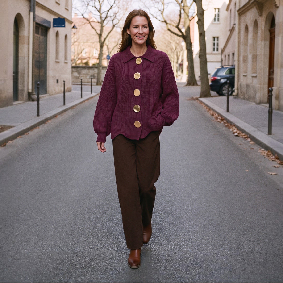 Paarse oversized vest met kraag en gouden knopen, gedragen door vrouw op straat | Boutique Moda