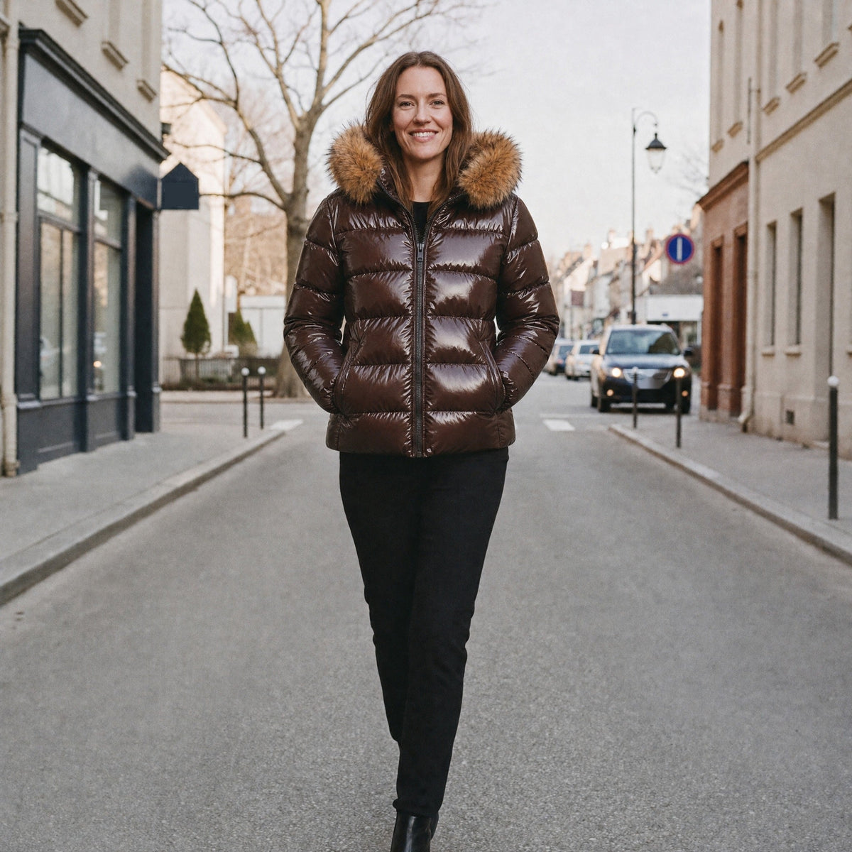 Glanzende bruine gewatteerde winterjas met capuchon, gedragen door vrouw op straat | Boutique Moda