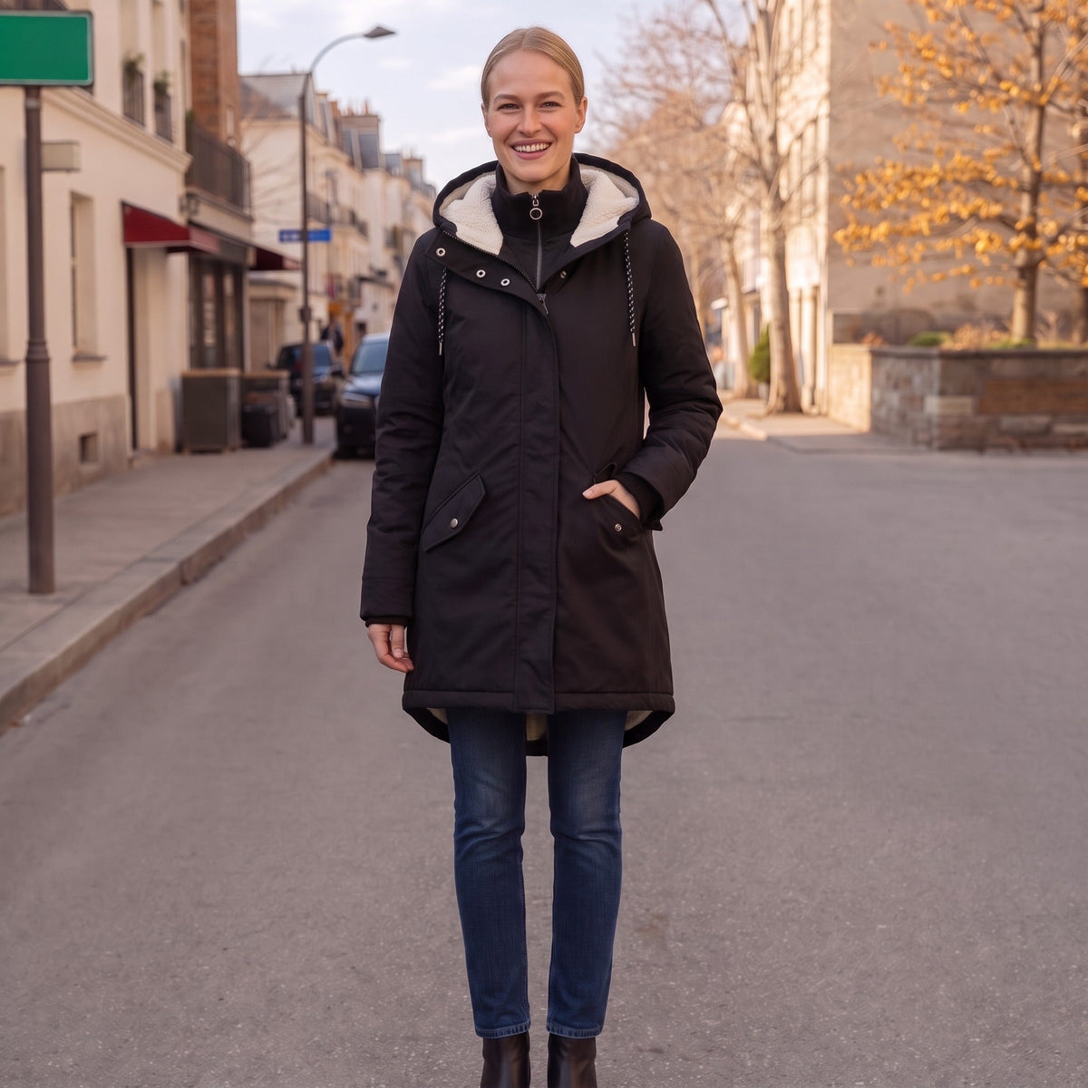 Vrouw draagt zwarte winterjas met capuchon in straatbeeld | Boutique Moda