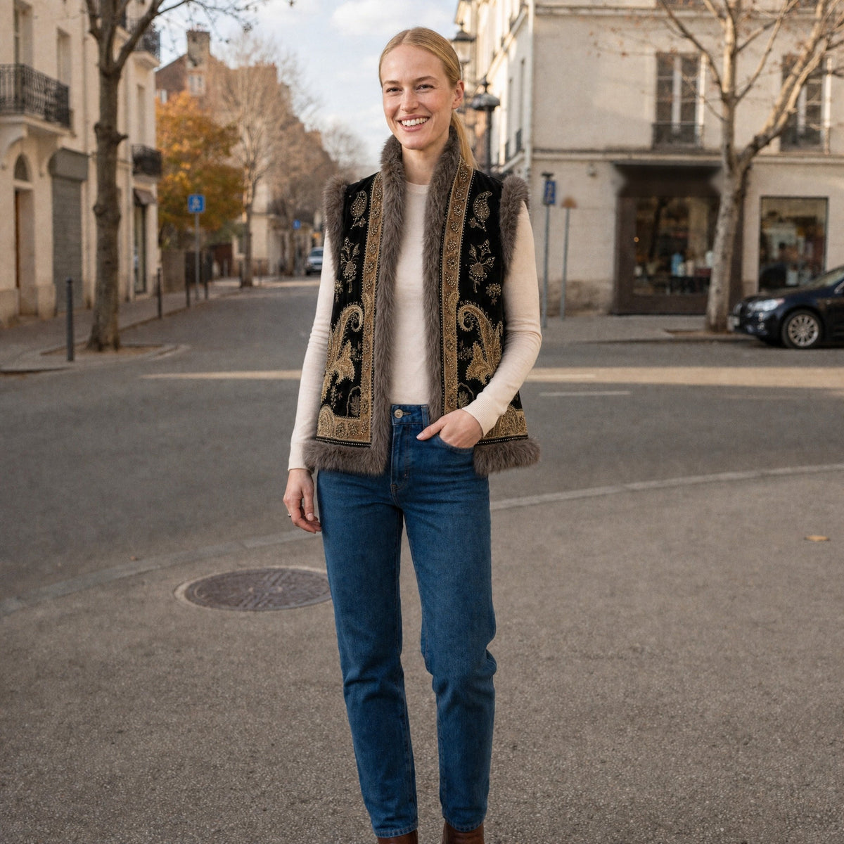 Fluwelen Gilet Dames | Geborduurd | Imitatiebont | Zwartbruin