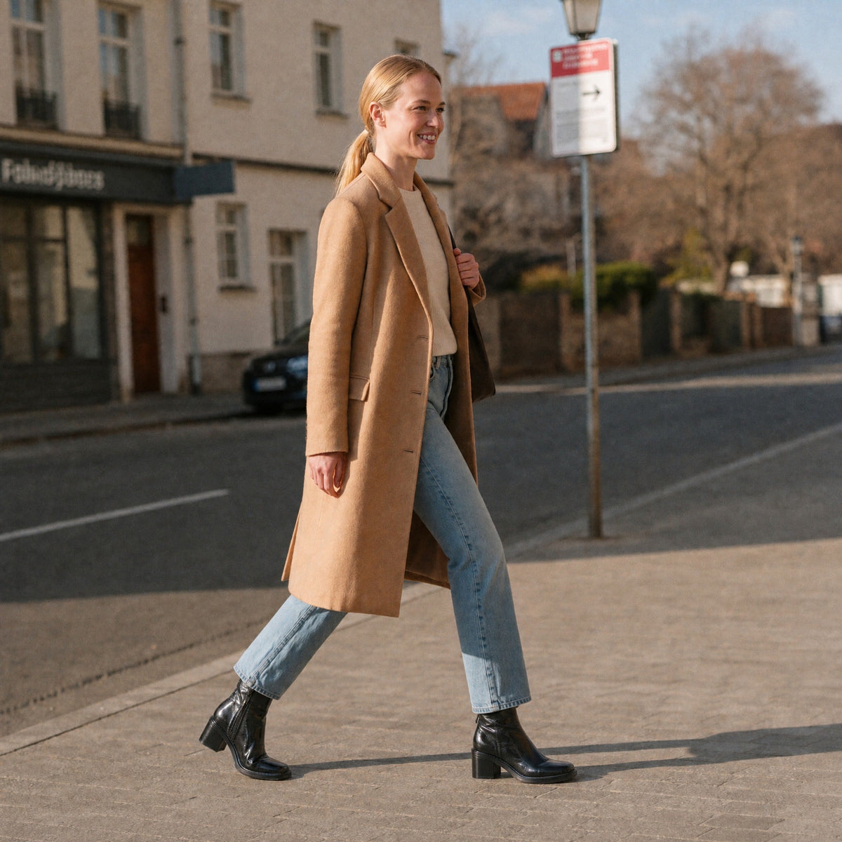 Zwarte enkellaarsjes met blokhak, gedragen door lopende vrouw op straat | Boutique Moda