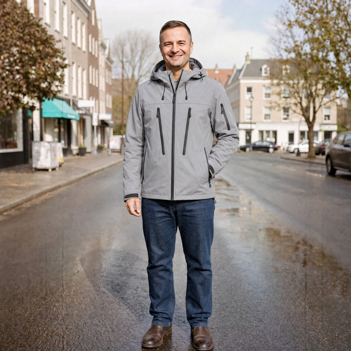 Grijze regenjas met capuchon en ritszakken, gedragen door man op straat | Boutique Moda