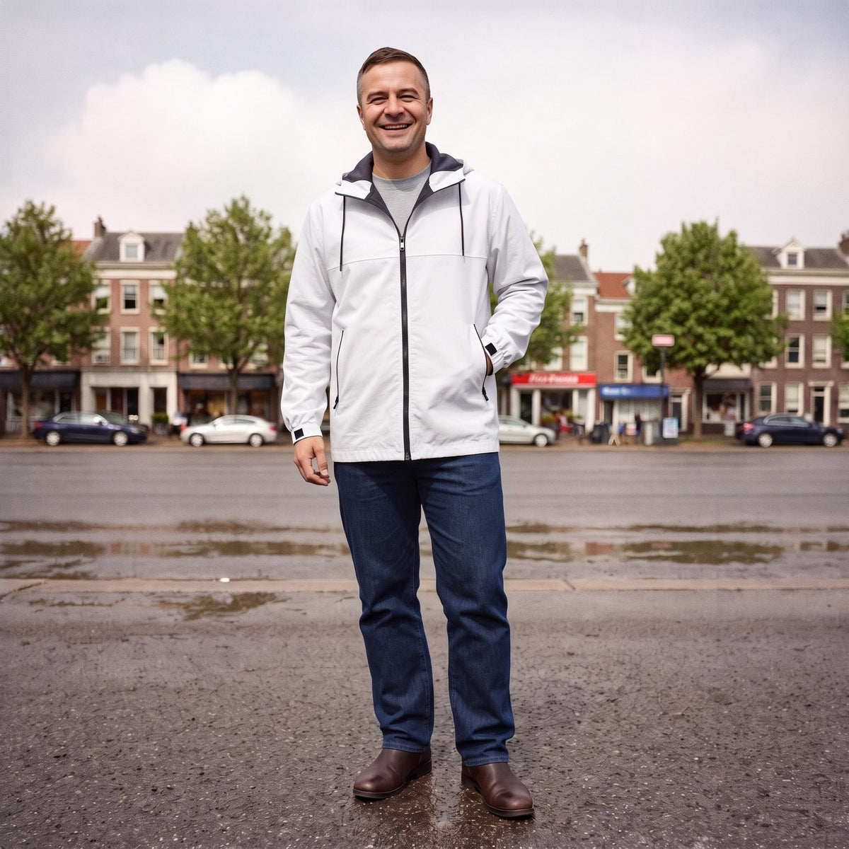 Man draagt witte waterdichte regenjas met capuchon, spijkerbroek en bruine laarzen buiten | Boutique Moda