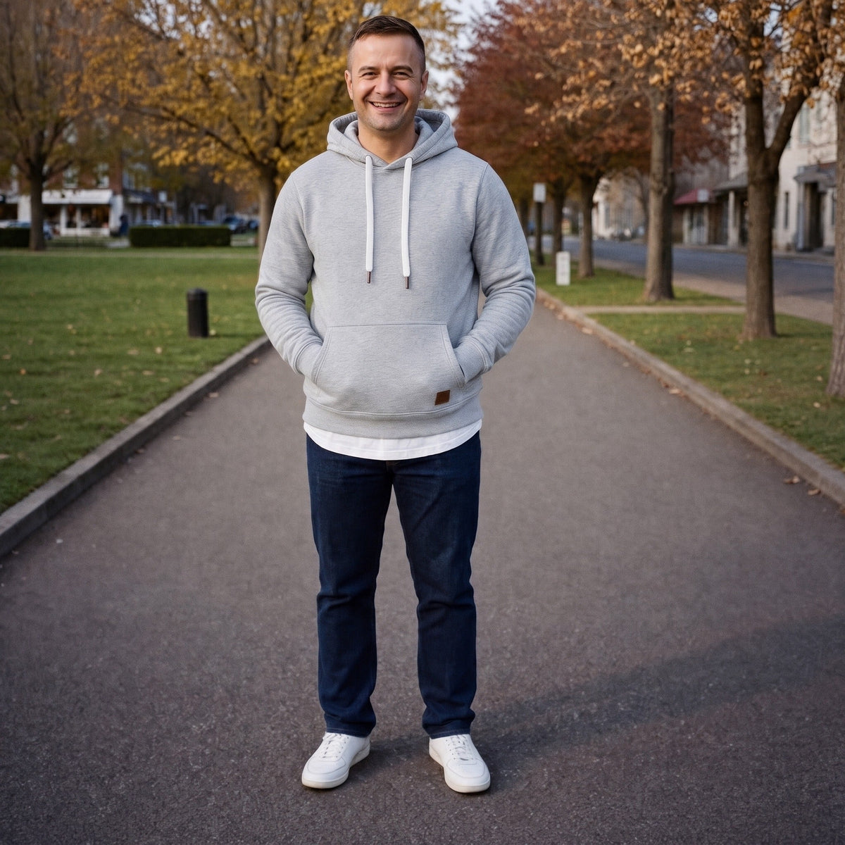 Man draagt grijze hoodie met wit shirt en donkere jeans buiten | Boutique Moda