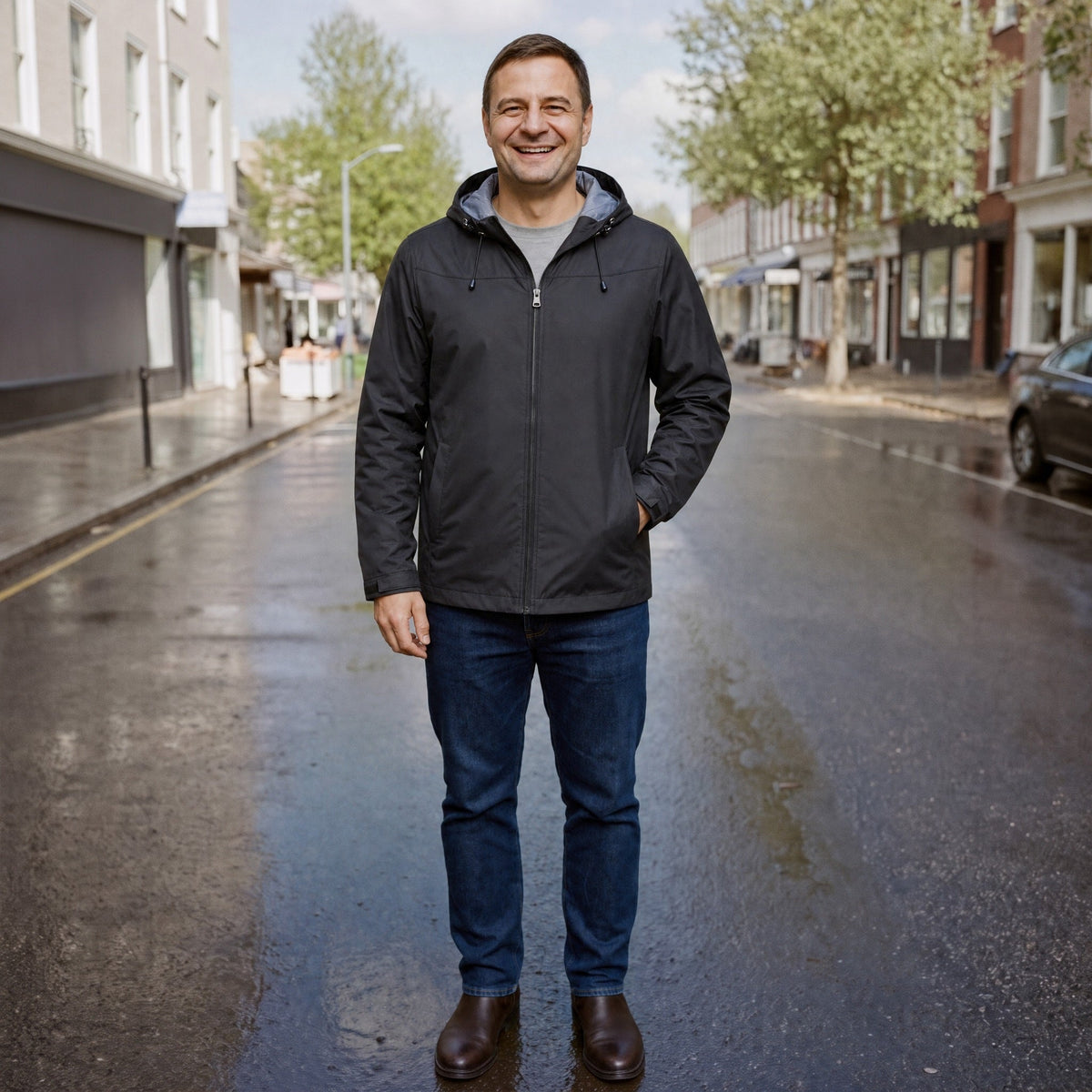 Man draagt zwarte outdoorjas met capuchon, staand op natte straat | Boutique Moda