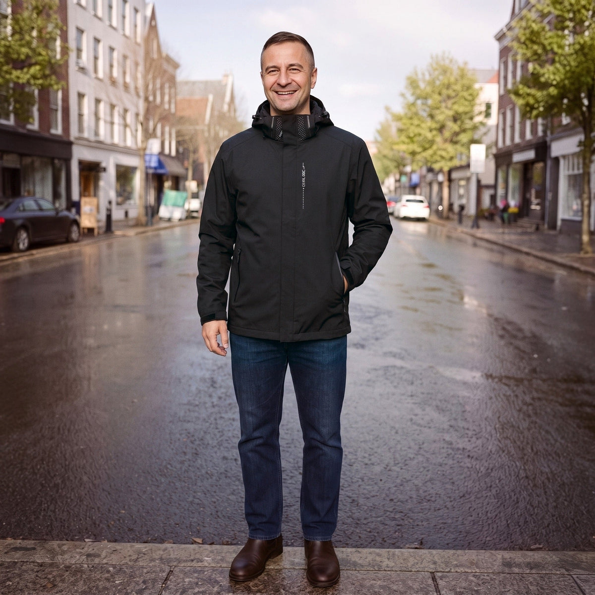 Man draagt zwarte windbreaker met capuchon op natte straat in stad | Boutique Moda