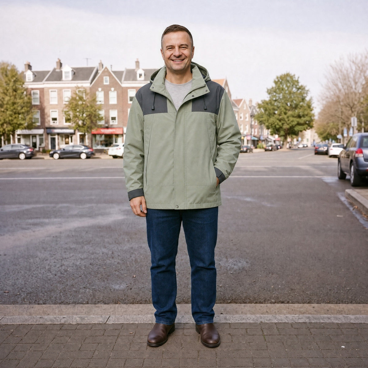 Groene outdoorjas met capuchon, gedragen door man op straat | Boutique Moda
