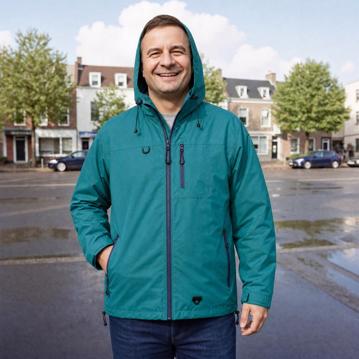 Groenblauwe regenjas met capuchon, gedragen door man op straat | Boutique Moda