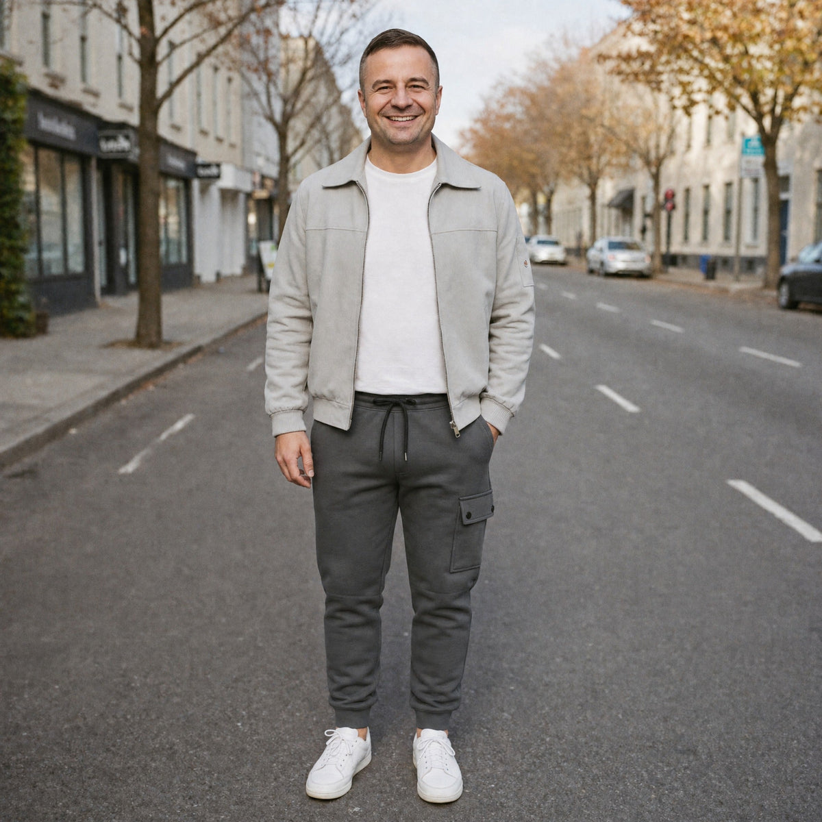 Man draagt grijze joggingbroek met cargozak en lichte jas op straat | Boutique Moda