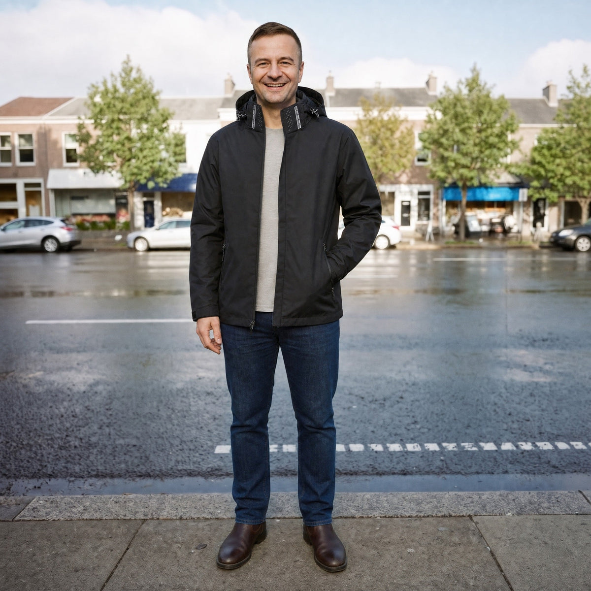 Man draagt zwarte waterdichte jas met capuchon op straat | Boutique Moda