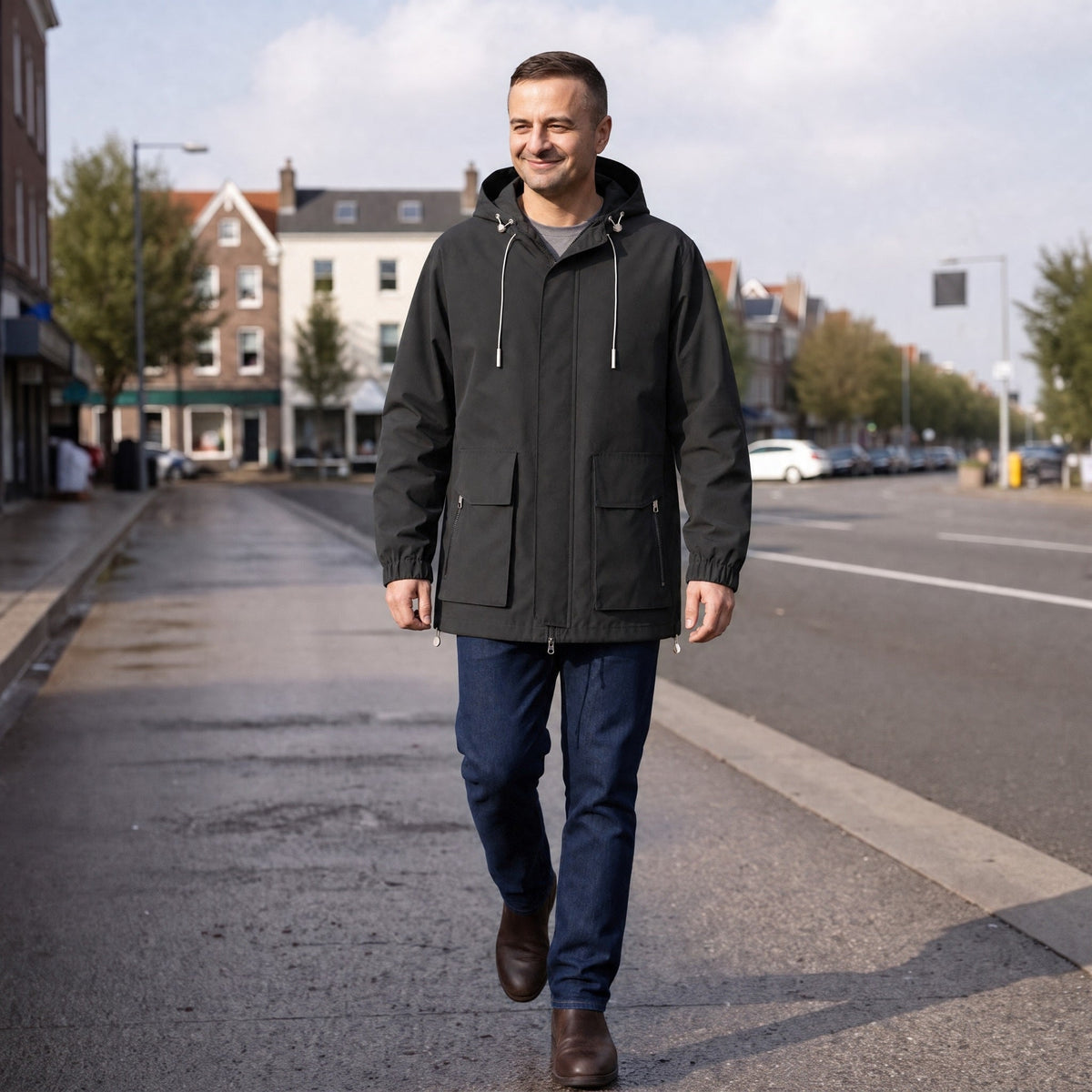 Zwart windjack met capuchon, gedragen door man op straat | Boutique Moda