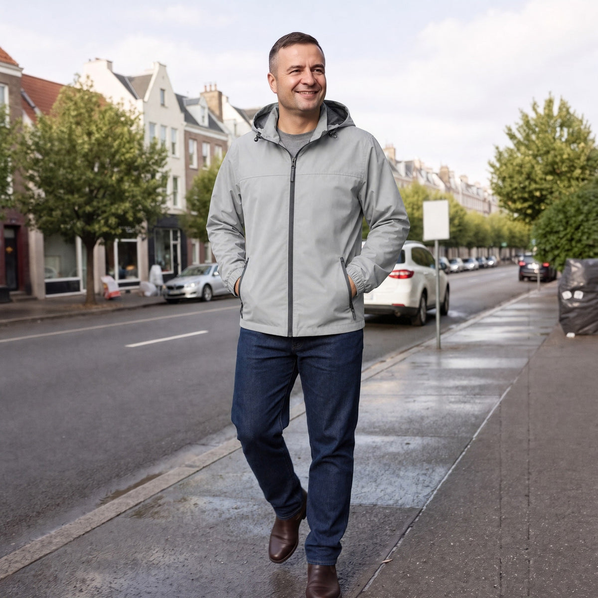 Grijze windbreaker met capuchon, gedragen door man op straat | Boutique Moda