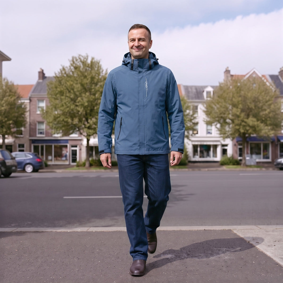 Man draagt blauwgrijze windbreaker met capuchon en donkere broek buiten | Boutique Moda