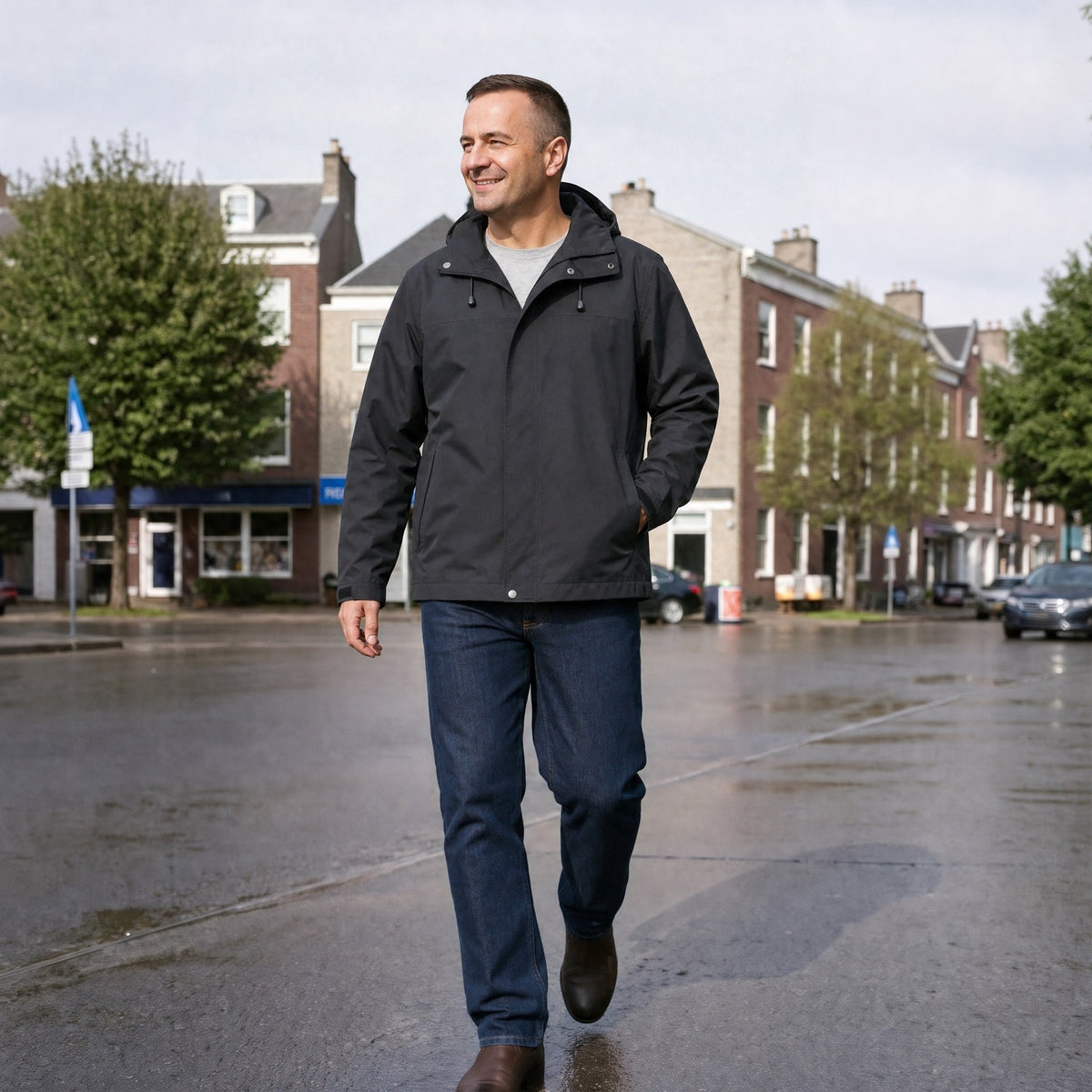 Man draagt zwarte outdoorjas met capuchon tijdens wandeling op straat | Boutique Moda
