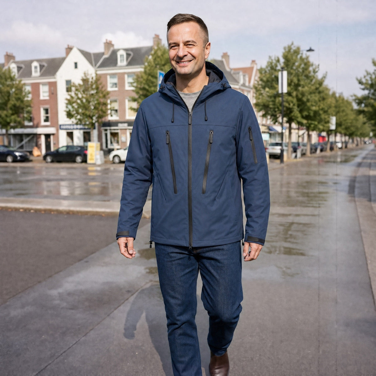 Donkerblauwe regenjas met capuchon en ritszakken, gedragen door lopende man | Boutique Moda