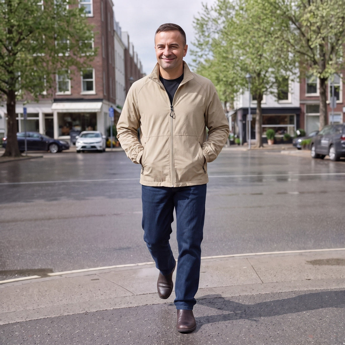 Man draagt beige casual regenjas met opstaande kraag op straat | Boutique Moda