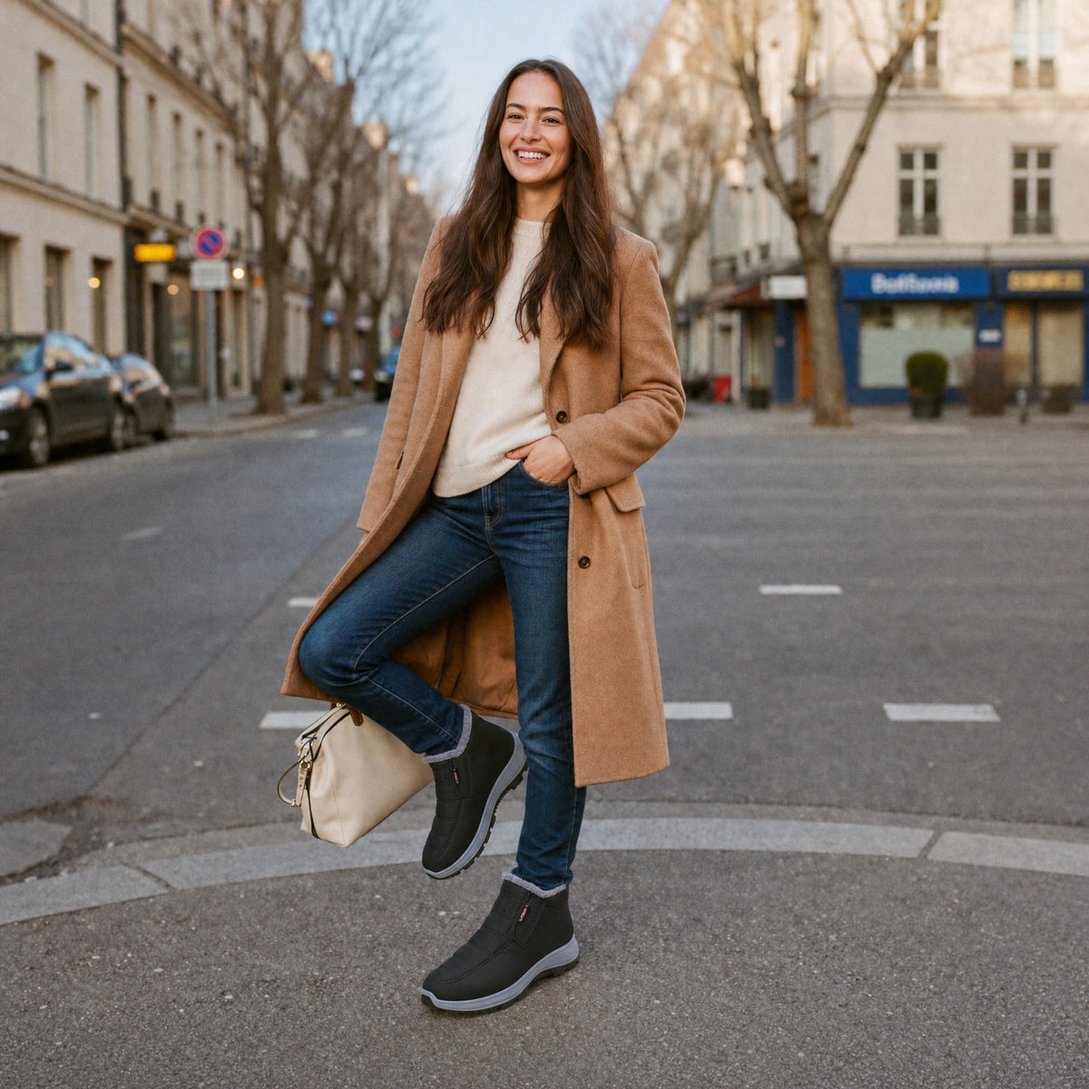 Zwarte gevoerde instap sneakers gedragen door vrouw in bruine jas op straat | Boutique Moda