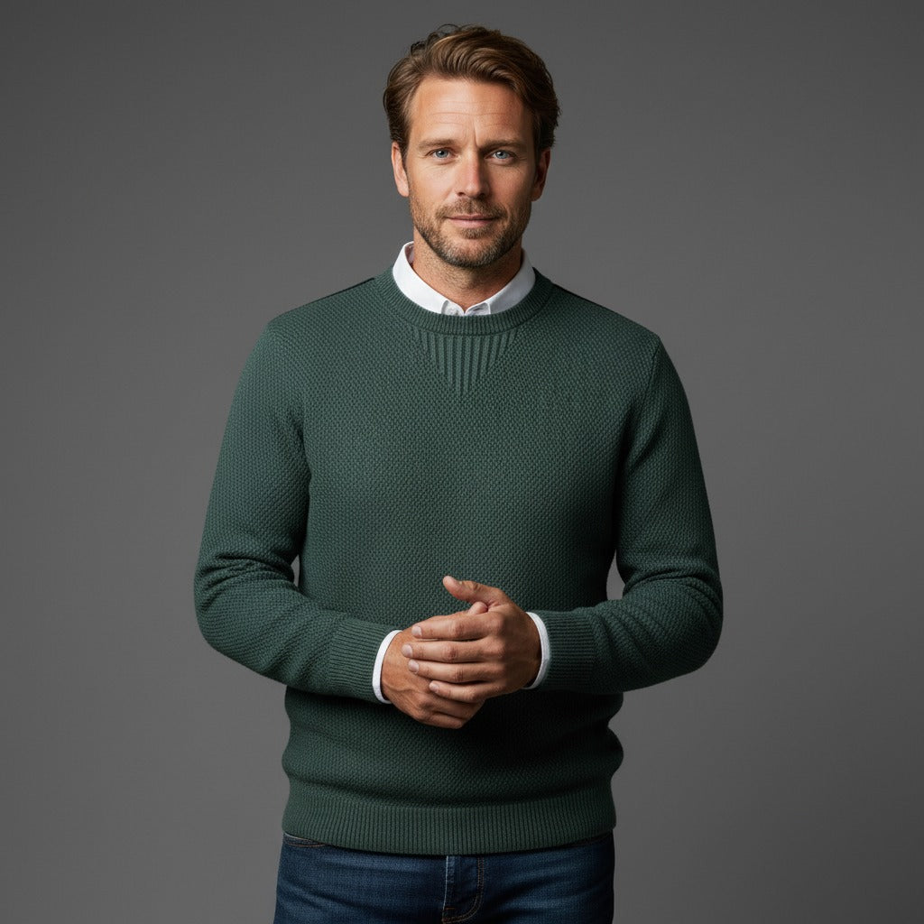 Zeegroene herentrui met ronde hals, gedragen over een wit overhemd | Boutique Moda