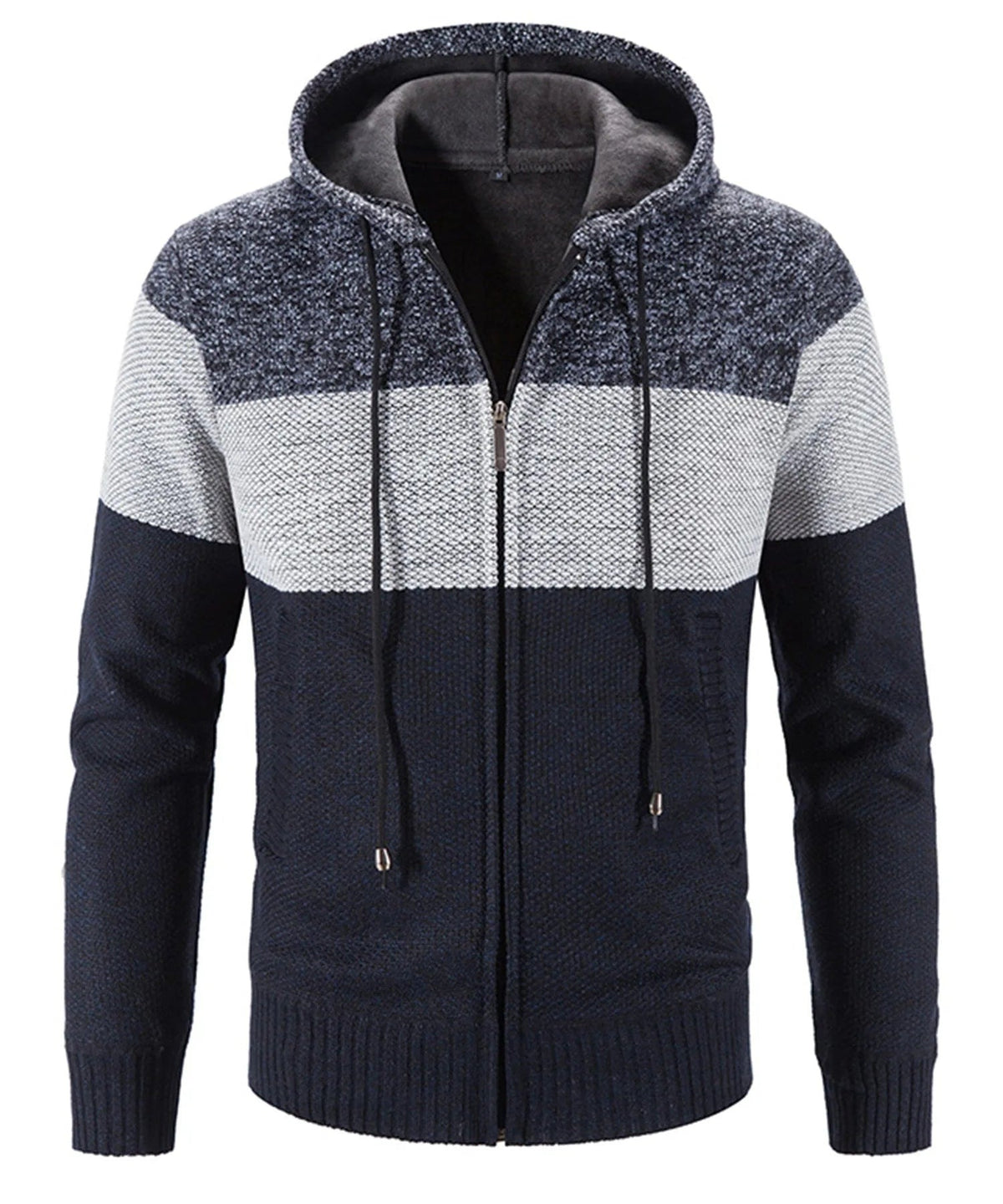 Gebreid herenvest met capuchon in marineblauw met kleurblokken | Boutique Moda