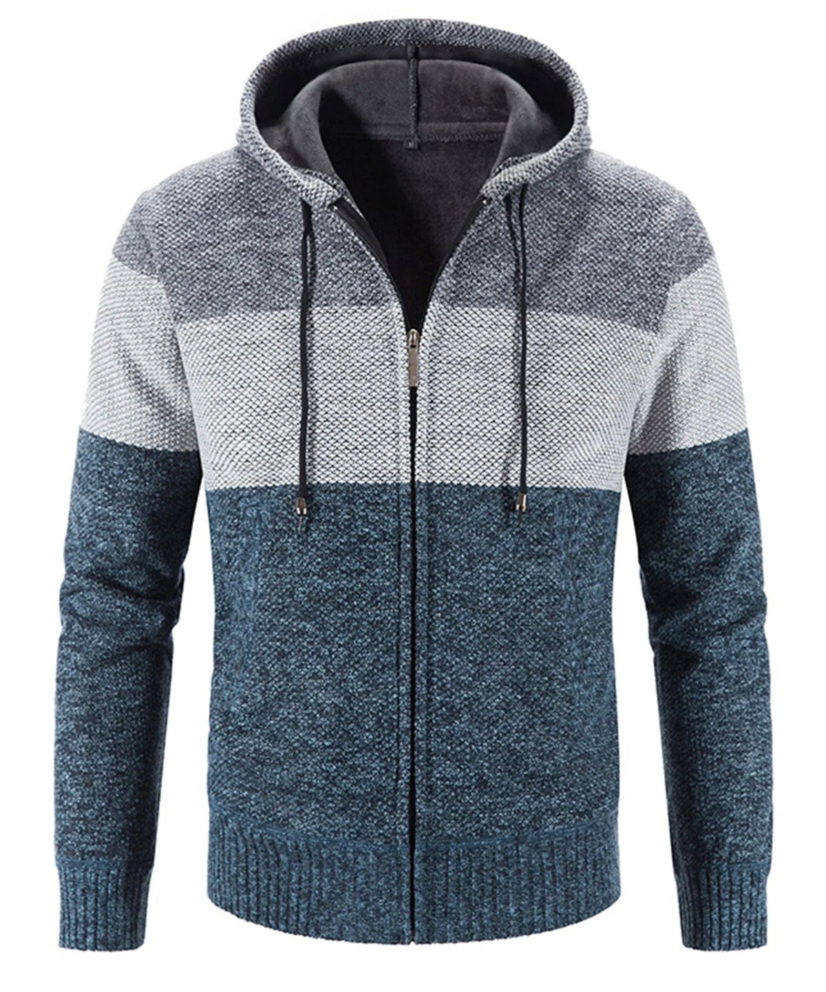 Gebreid herenvest met capuchon in blauw met kleurblokken | Boutique Moda