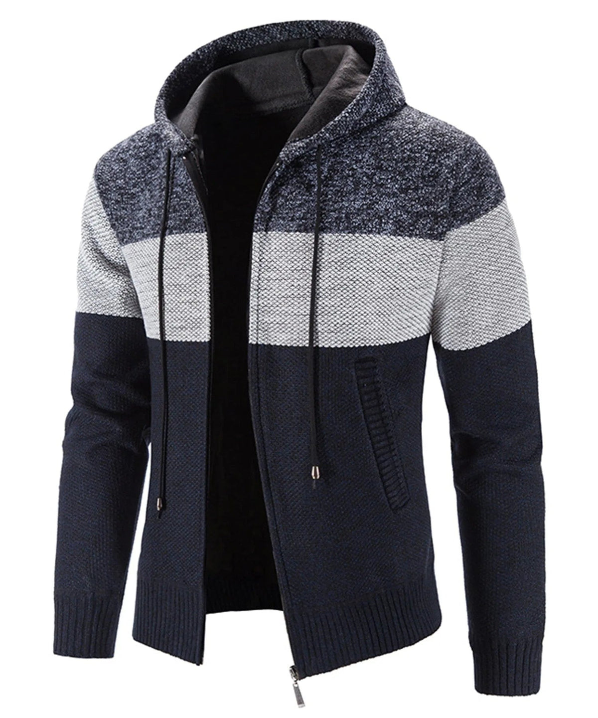 Marineblauw gebreid vest met capuchon open gedragen | Boutique Moda