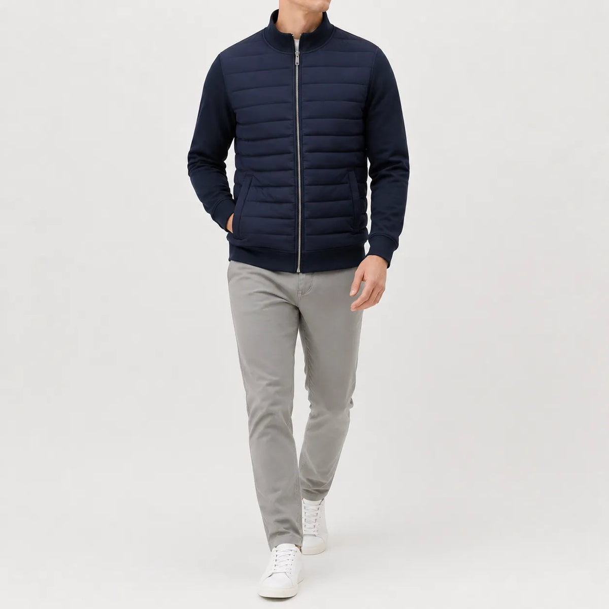 Marineblauwe gewatteerde jas van voren | Boutique Moda