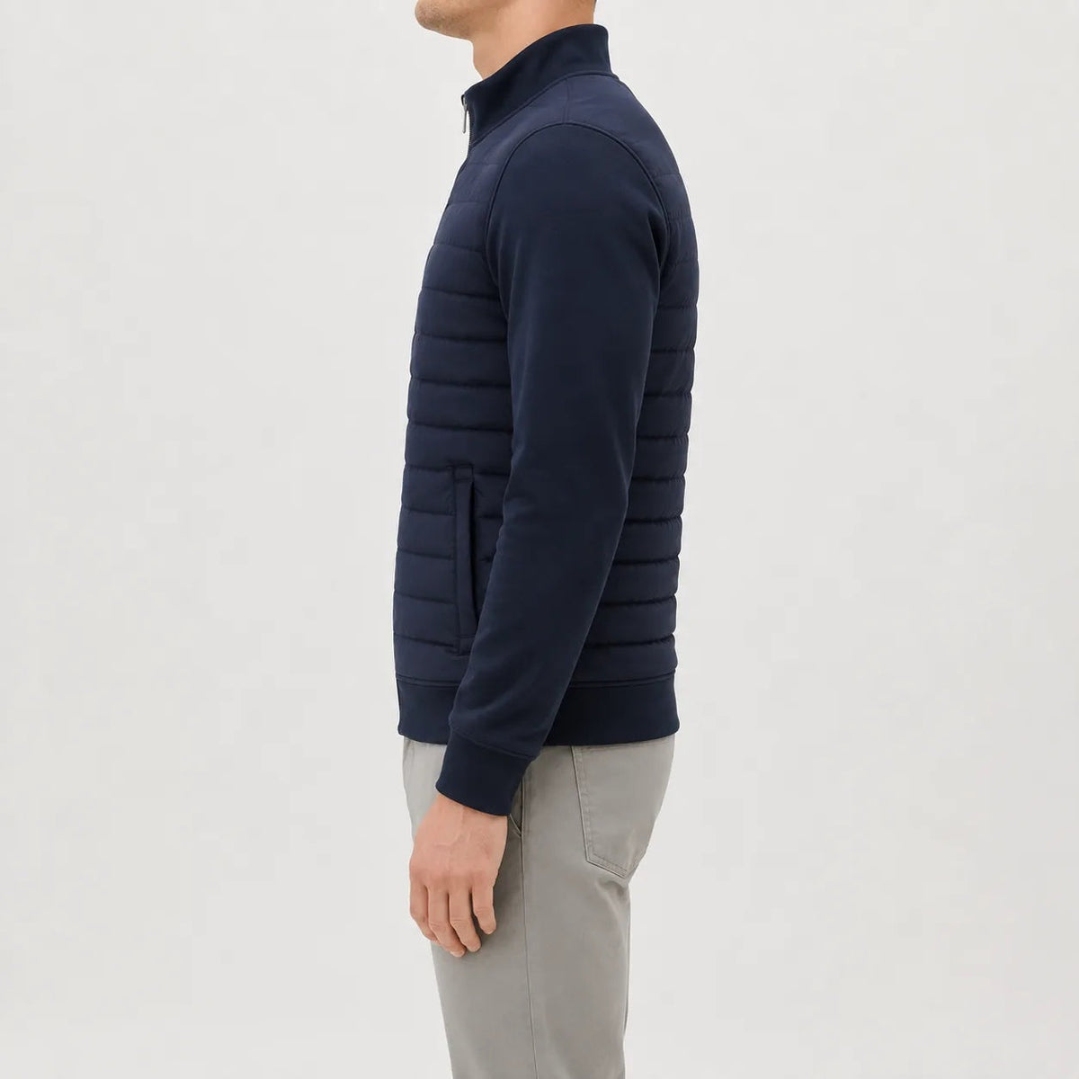 Marineblauwe gewatteerde jas van opzij | Boutique Moda
