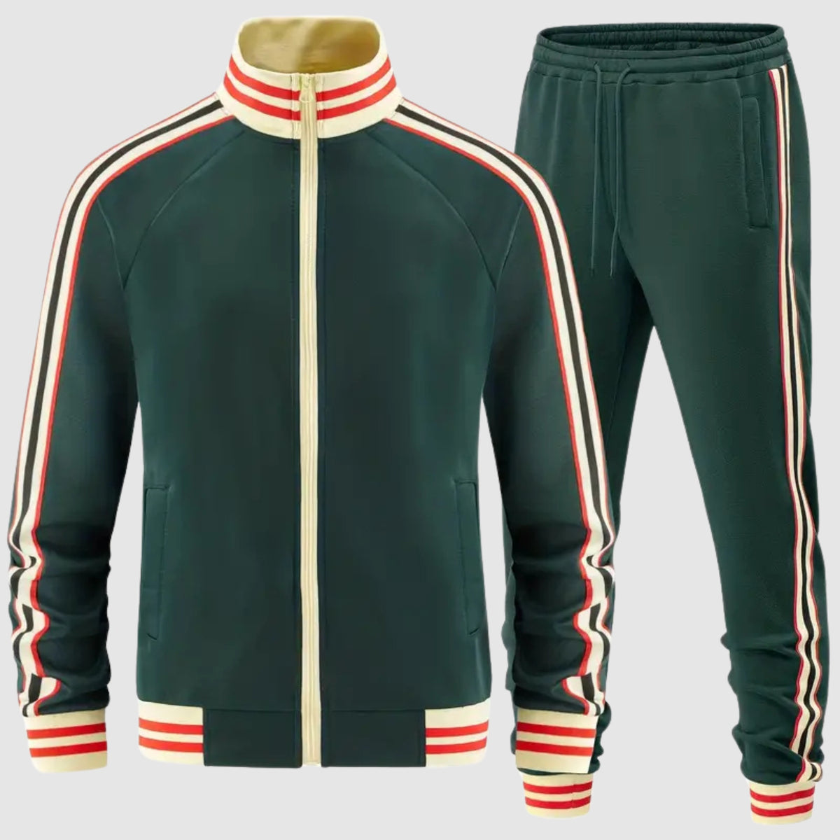 Donkergroen retro trainingsjack en broek met crèmekleurige, rode en zwarte contraststrepen | Boutique Moda