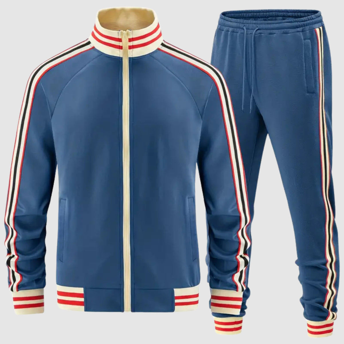 Blauw retro trainingsjack en broek met crèmekleurige, rode en zwarte contraststrepen | Boutique Moda