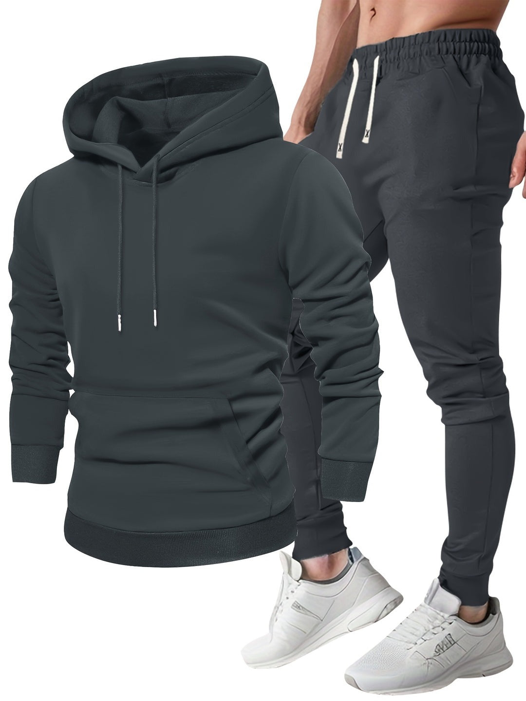 Donkergrijze hoodie naast de bijpassende joggingbroek | Boutique Moda
