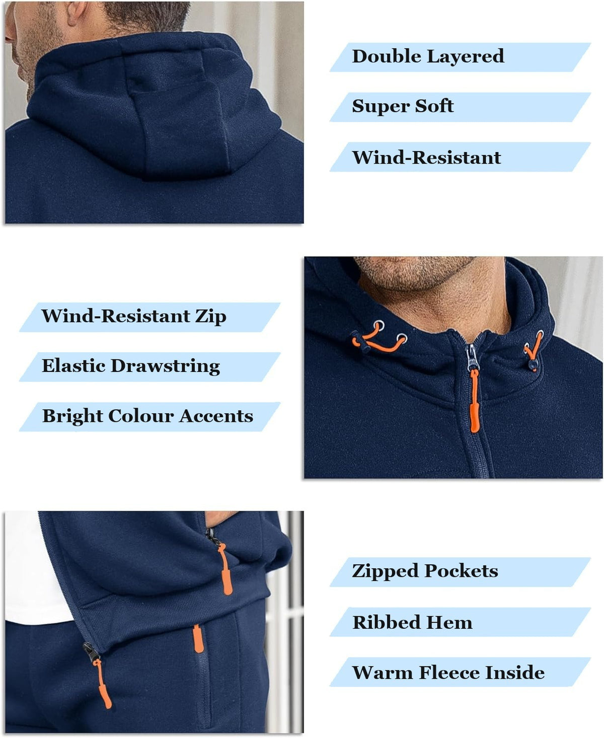 Close-ups van de capuchon, de ritstrekkers en de ritszakken van het marineblauwe trainingspak | Boutique Moda