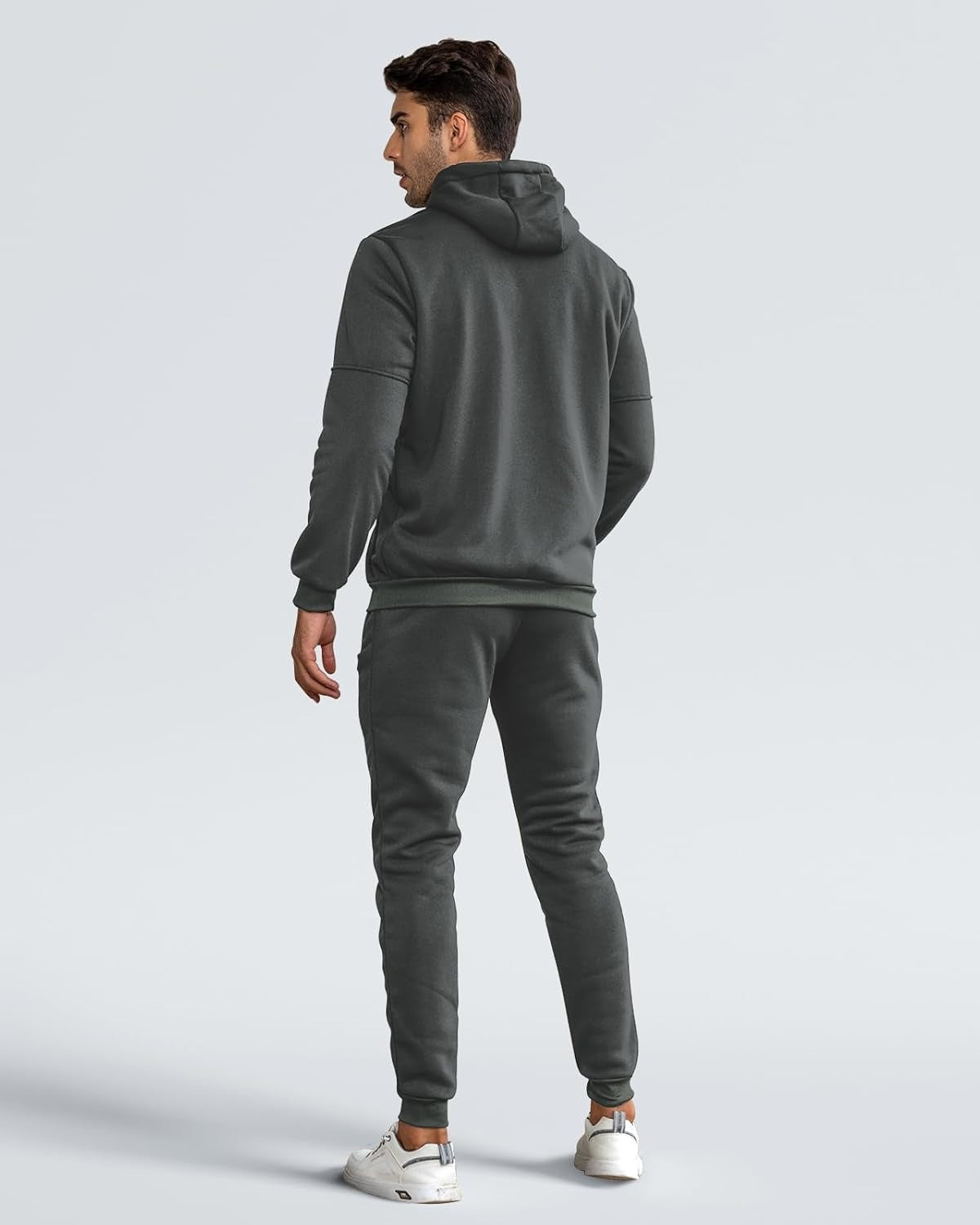 Donkergrijs trainingspak met ritshoodie, achterkant | Boutique Moda