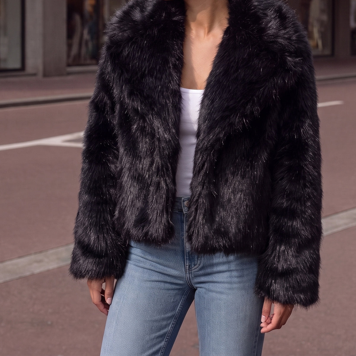 Korte nepbontjas in zwart met grote kraag | Boutique Moda