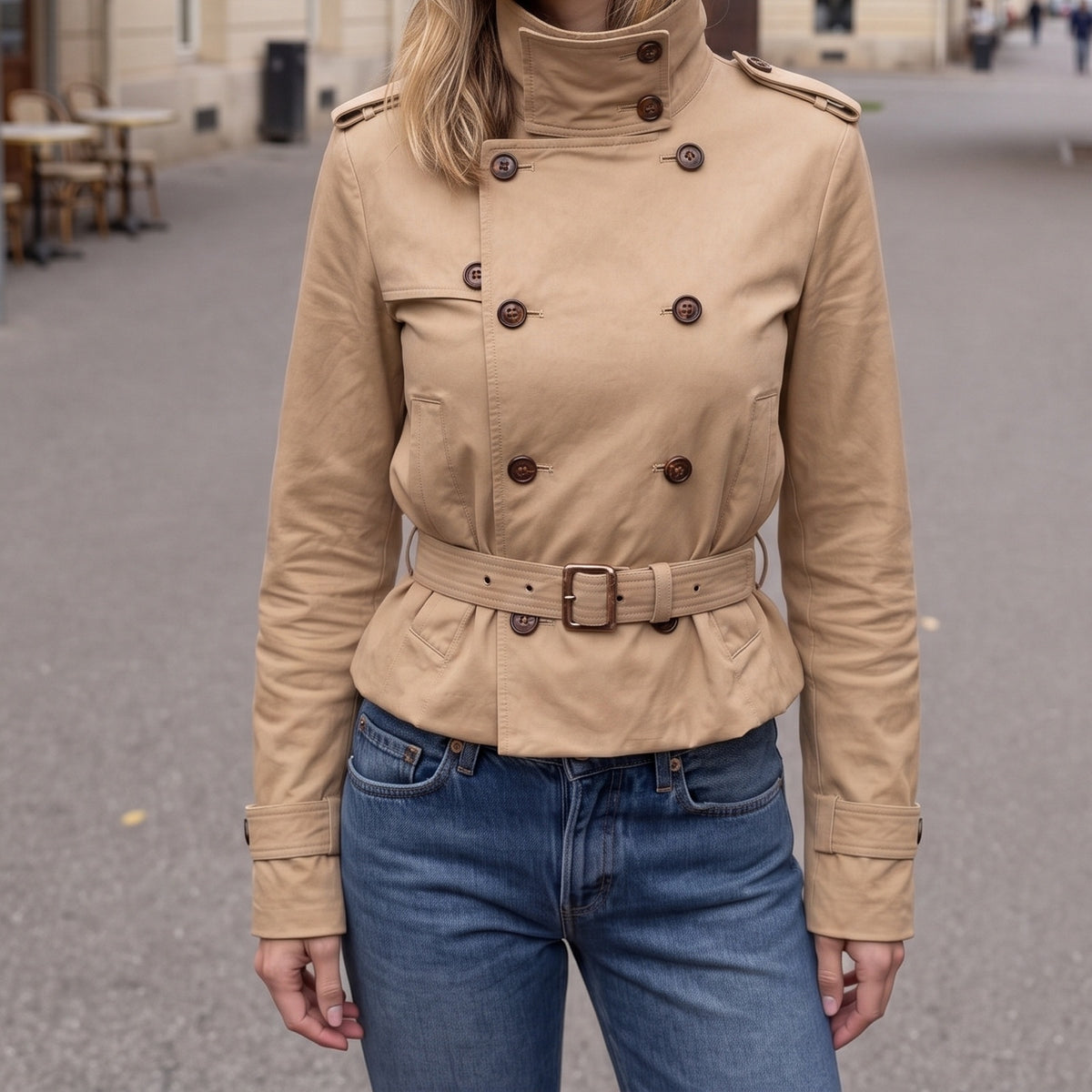 Korte trenchcoat in beige met opstaande kraag en ceintuur | Boutique Moda