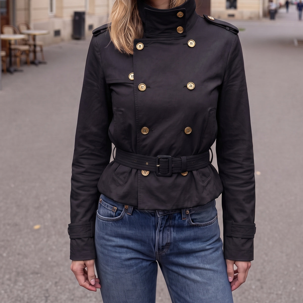 Korte trenchcoat in zwart met opstaande kraag en ceintuur | Boutique Moda