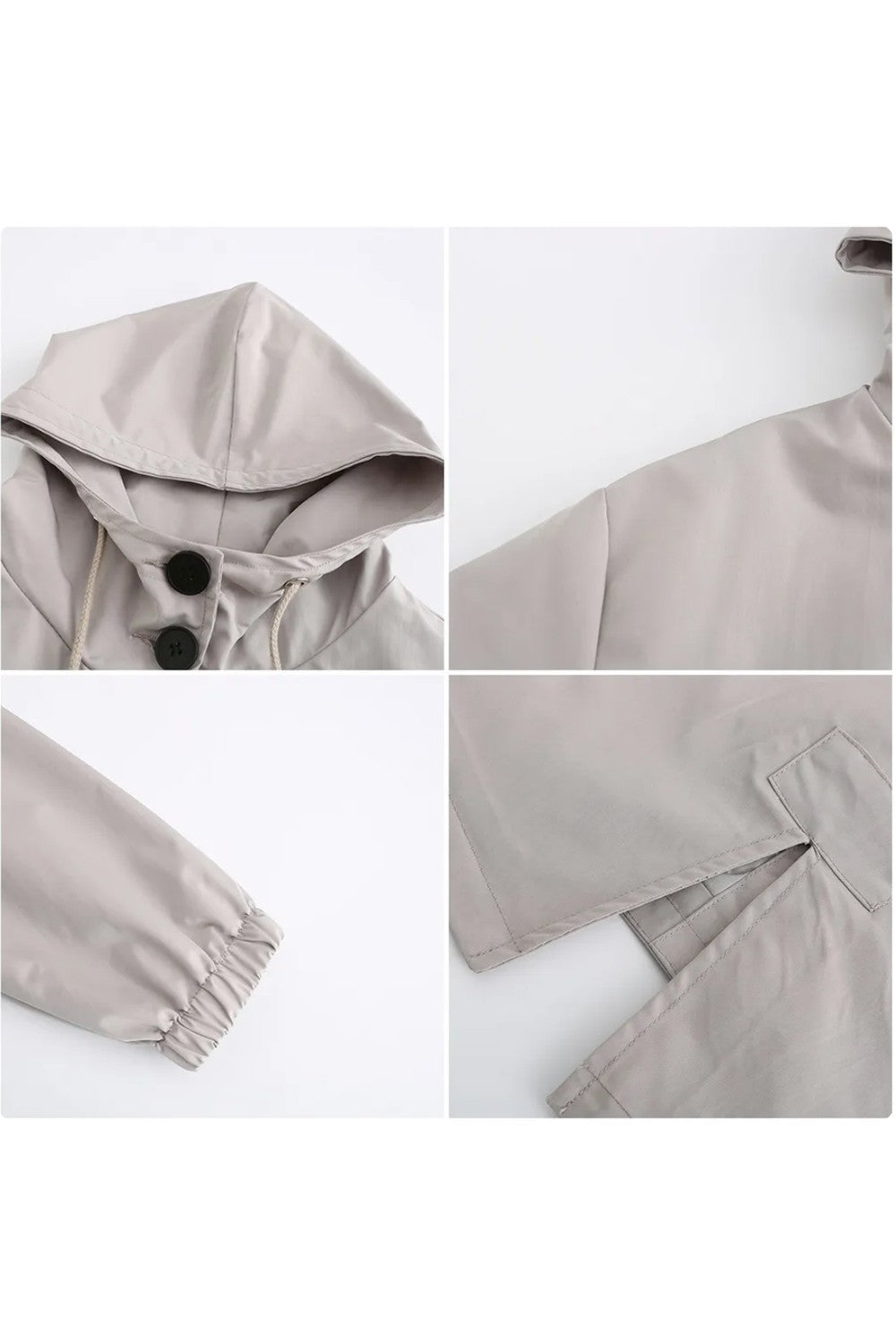 Details van de capuchon, knopen, mouwboord en zak