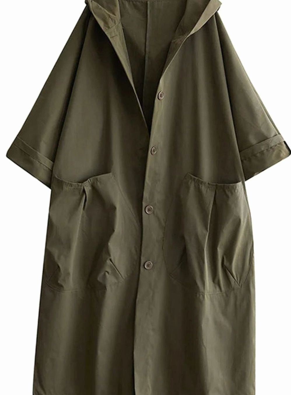 Lange oversized jas met capuchon in olijfgroen, liggend | Boutique Moda