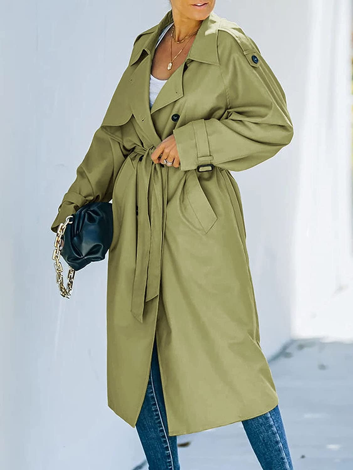 Legergroene lange double-breasted trenchcoat met ceintuur | Boutique Moda