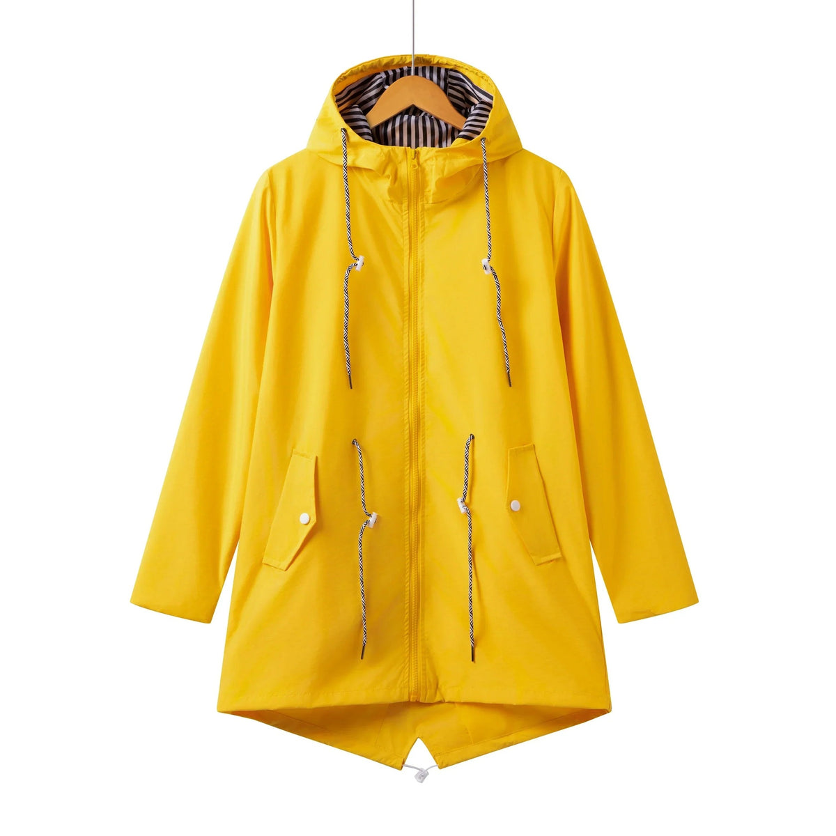 Lange regenjas in geel met capuchon en rits | Boutique Moda