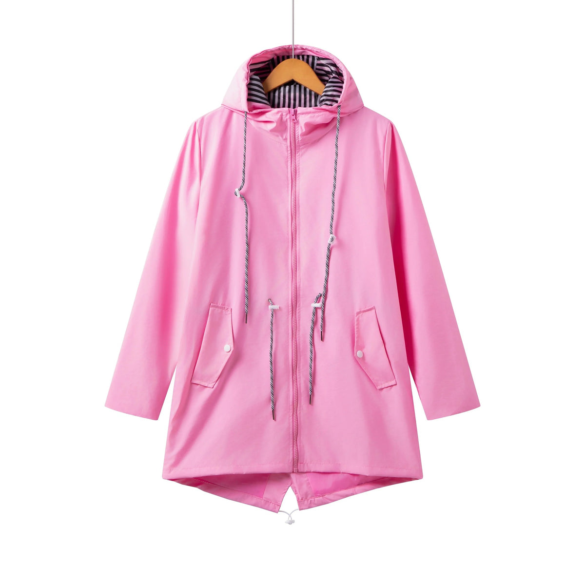Lange regenjas in roze met capuchon en rits | Boutique Moda