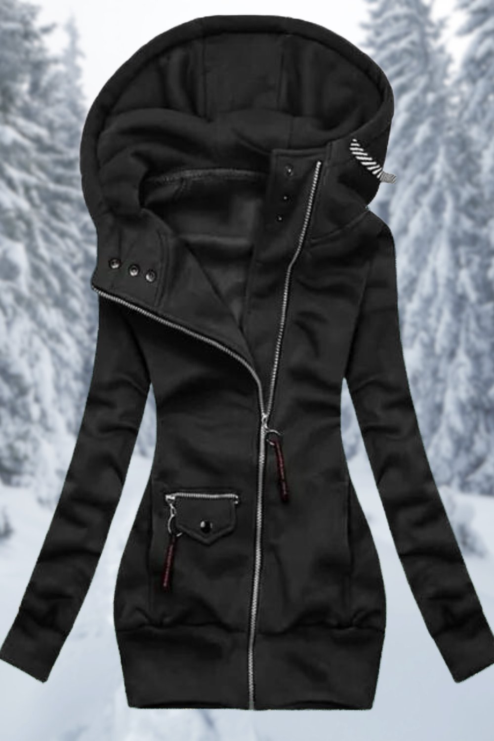 Zwarte lange hoodie met schuine rits, voorkant